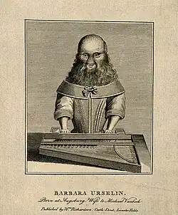 A line engraving of a woman with a hairy face playing the harpsichord.