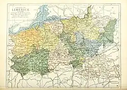 Barony map of County Limerick, 1900; Coshlea is in the southeast, coloured peach.