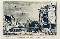 Illustration of a barricade on rue Peyronnet in Neuilly in 1871. The barricade, in the foreground, is made up of sacks, paving stones and rubble. Behind it, the street and its buildings bear the traces of bombardment. Some facades have fallen down, the only houses that seem to have escaped are in the background.