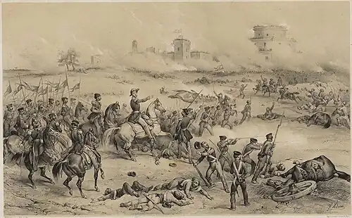 Black and white illustration depicting a mounted man wearing a bicorn hat and leading mounted cavalry and infantry toward buildings and a fortified line in the background