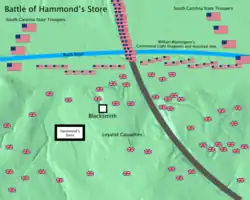 A battle map of Hammond's Store from December 30, 1780. Based on a map by Durant Ashmore: https://adairholland.com/hammonds-store/