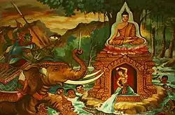 Painting in a Laotian wat. Buddha during the battle with Mara pointing towards the earth, summoning Phra Mae Thorani to come to his assistance