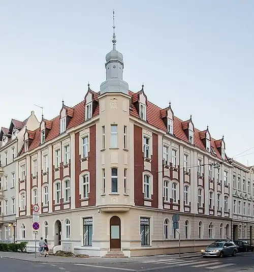 View of the building from street crossing