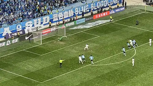 Zhang Yuning's penalty attempt was saved by Sui Weijie in the match against Dalian Yingbo on 5 May