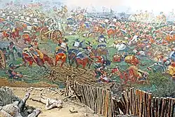 Painting detail: the Duke of Wellington and his staff (top right) sheltering from French cuirassiers in a square of Highland infantry