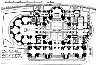 Floor plan of the Cathedral with the now demolished northern wing (on the left)
