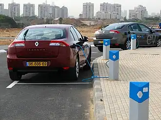 Prototype modified Renault Laguna EVs charging at Project Better Place charging stations in Ramat Hasharon, Israel, north of Tel Aviv (2010)