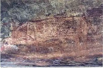 Rock painting dated to 8,000 - 3,000 BCE depicting a humpless bovine.[43][44]