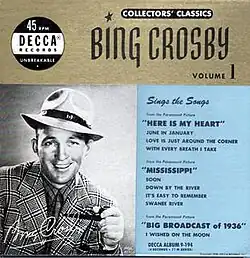 The album cover, which features a photo of Bing Crosby in greyscale, the tracklist and the name of the album.