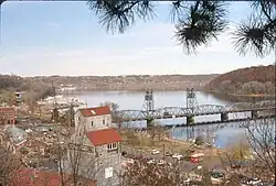 Birdseye view of the Stillwater Lift Bridge and the Commander Building
