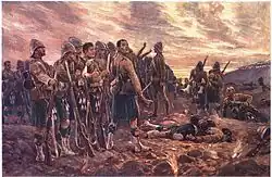 Painting of a rugged group of soldiers gathering their dead and wounded