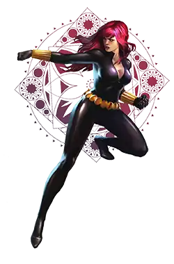 Black Widow poses in an action stance wearing a black catsuit. Her arm is raised, aiming her weaponized bracelet.