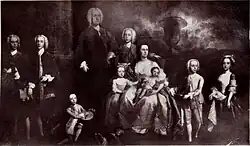 Black and white reproduction of a painting of John and Catherine Blackburne and seven of their children