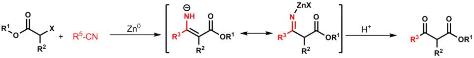 Scheme for the organozinc Blaise reaction, which utilizes an alpha-haloester and a functionalized cyano group