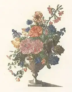 Vase with flowers: 4 colours à la poupée, with additional hand-colouring, Teyler workshop, 1688–98