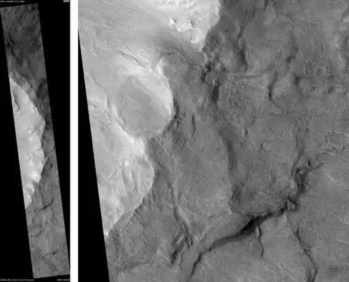 Bonestell Crater, as seen by HiRISE. Scale bar is 1000 meters long.
