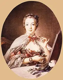Madame de Pompadour, the mistress of Louis XV, made pink and blue the leading fashion colors in the Court of Versailles. She had a special pink tint created for her by the Sevres porcelain factory. This portrait by François Boucher was painted in 1758.