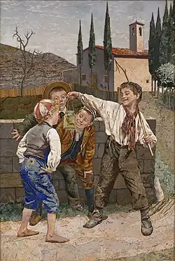 Boys Playing with a Lizard by Giovanni Montelatici. Dated 1912. Pietre dure. Private collection.