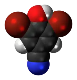 Space-filling model of the bromoxynil molecule