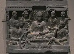Gandharan Stele illustrating the first sermon at Sarnath, 2nd century, Metropolitan Museum of Art.