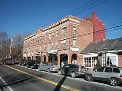 Historic three-story brick buildings in Bedford