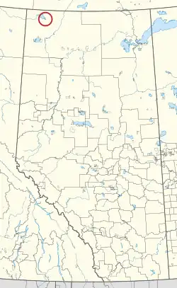 A map of the province of Alberta showing 80 counties and 145 small Indian reserves. One is highlighted with a red circle.