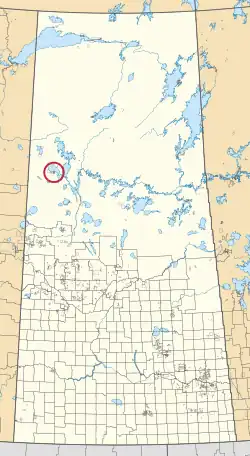 A map of the province of Saskatchewan showing 297 rural municipalities and hundreds of small Indian reserves. One is highlighted with a red circle.