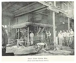 Smelter workers at 80 ton water jacket furnace, c.1899.
