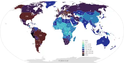 Total confirmed deaths by country   100+ per 100,000 inhabitants   18–100 per 100,000 inhabitants   3.3–18 per 100,000 inhabitants   0.6–3.3 per 100,000 inhabitants   0.1–0.6 per 100,000 inhabitants   <0.1 per 100,000 inhabitants   None or no data