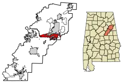 Location of Oxford in Calhoun County and Talladega County, Alabama.
