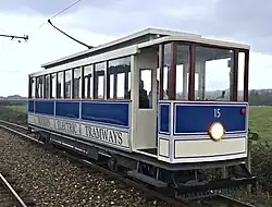 Blue Electric Tram Car Seaton Tramway 15 at Riverside Loop