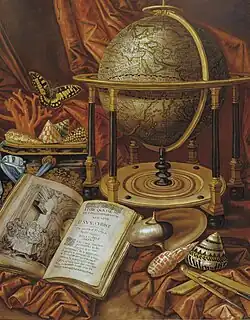 Carstian Luyckx - Still life with a globe, books, shells and corals resting on a stone ledge