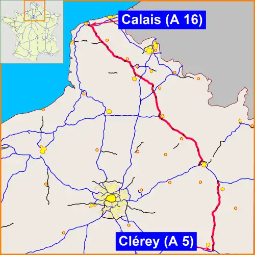 Autoroute A26 connecting Arras with Calais and Reims.