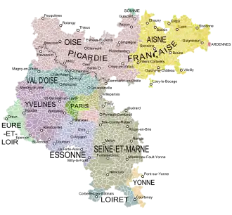 The modern départements covered by the historical Île-de-France