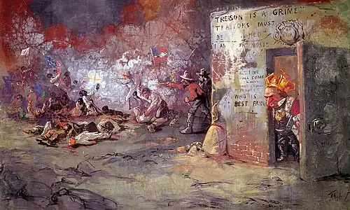 This 1867 image of Andy Johnson (in a privy) at the New Orleans massacre was part of Nast's 1867 Grand Caricaturama cycle of 33 historical paintings