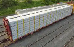 Centerbeam flatcar with polyester rolled straps