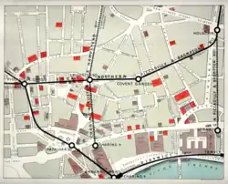 A map with showing railway lines in black, theatres in red and public buildings in brown.