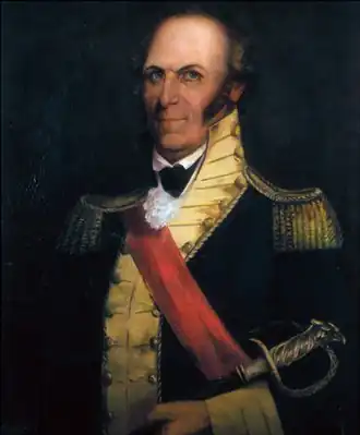 Painting of a balding Charles Scott in blue uniform with yellow lapels and epaulettes