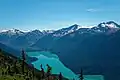 Forger Peak on left skyline, view from Whistler Mountain with Cheakamus Lake