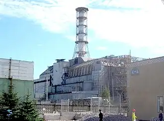 A non-operational chimney at Chernobyl reactor#4 preserved as part of the Chernobyl Nuclear Power Plant sarcophagus
