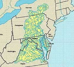 A rough map of the Chesapeake Bay watershed with blue lines for rivers drawn on top.