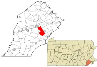Location of East Bradford Township in Chester County (top) and of Chester County in Pennsylvania (below)