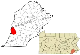 Location of West Fallowfield Township in Chester County (left) and of Chester County in Pennsylvania (right)