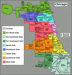 a colored map showing the 77 Chicago community areas broken into 9 regions