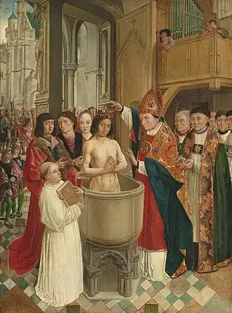 painting of Clovis I conversion to Catholicism in 498, a king being baptised in a tub in a cathedral surrounded by bishop and monks