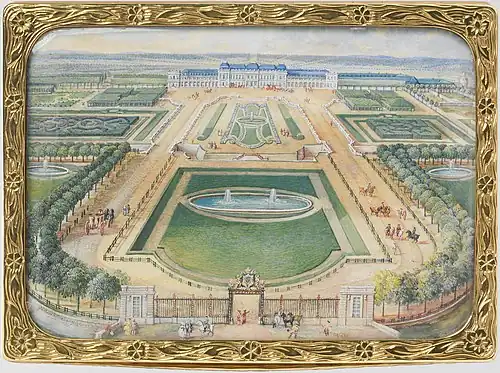Northern view of the château from the entrance screen, the "Grille Dorée"[47] (snuffbox top)