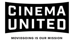 The words "Cinema United" are all capitalized in a black rectangle that curves inward on the top and bottom. The slogan "Moviegoing is Our Mission" is embedded below the logo.