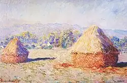 Two paintings from a series of grainstacks, 1890–91: Grainstacks in the Sunlight, Morning Effect