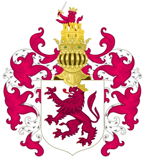 Canting coat of arms of the Kingdom of León with the royal crest, based on the royal arms (12th century)