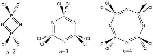 The three major cyclophosphazene products resulting from the reaction of phosphorus pentachloride and ammonium chloride
